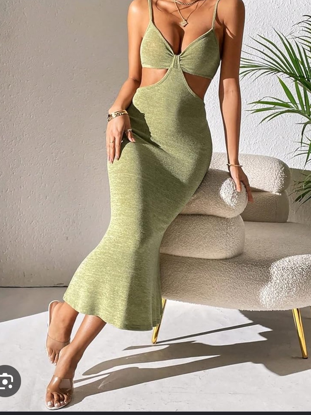 Olive Green Cutout Bodycon Midi Dress